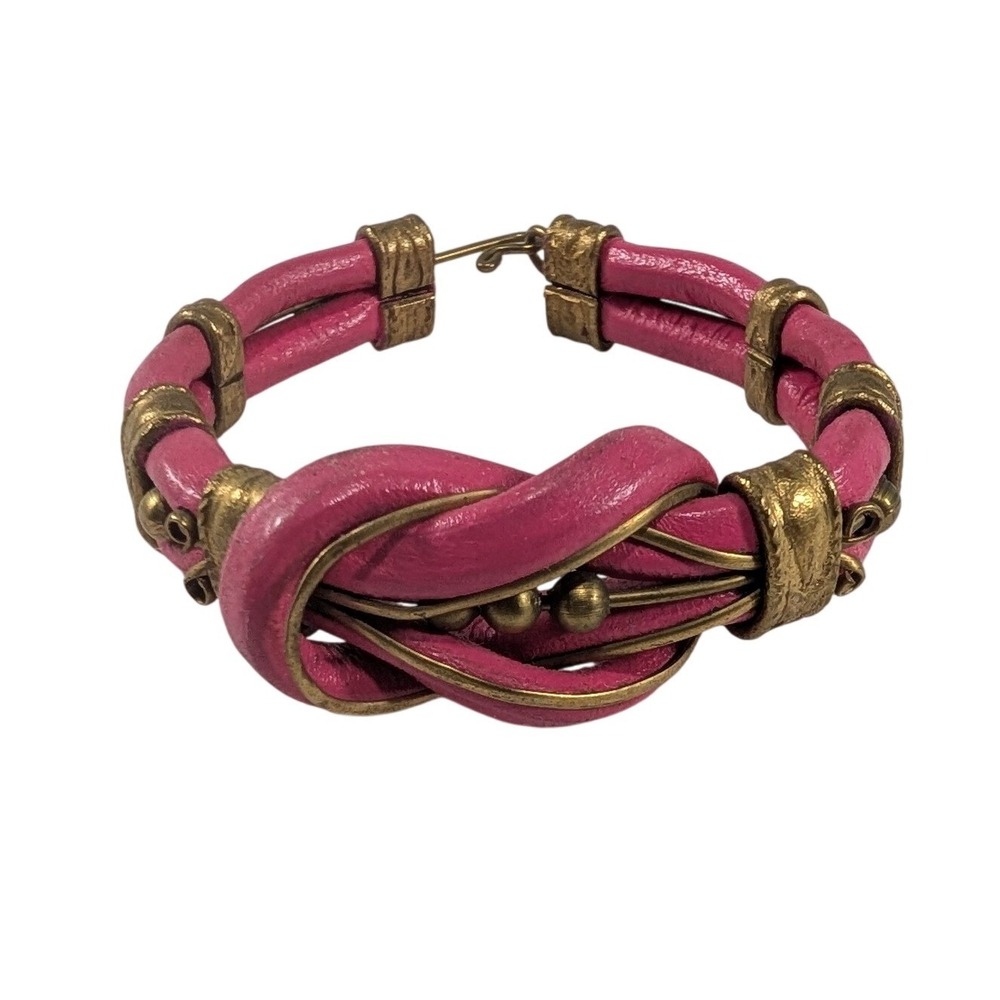 Pink Leather Knotted Bangle Bracelet Gold Tone Brass Wire Wrap Boho Statement
